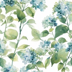 Wall Mural - This seamless pattern offers a dance of hydrangea petals in hues of chambray blue and capri, harmonizing with marlin-tinted shadows and verdant leaves for a serene display.