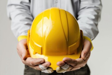 Wall Mural - Yellow hard hat in the hands of a builder Isolated on solid white background