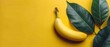   A banana rests atop a yellow table Nearby, a green, leafy plant grows Both reside on the yellow surface