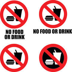 No food or drink allowed symbol set, isolated on white background. Prohibition sign.