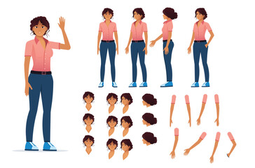 Full character kit of a woman with multiple angles and emotional expressions ready for animation