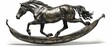   A bronze statue of a galloping horse with a spiral horn shaped like its hindquarter