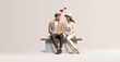Young couple in love, man and woman sitting on bench 3D. Romance, dating, people's relationships. For Valentine's day celebration concepts, events. Vector