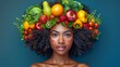   A woman with fruit on her head is depicted in the image
