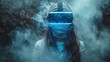   A woman dons a virtual reality headset, with a digital haze enveloping her mid-face area instead