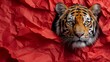   A tight shot of a tiger's intense face against a backdrop of crumpled red paper