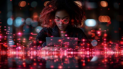 Sticker -   A woman with red hair and red-framed glasses gazes intently at a laptop against a softly blurred backdrop of flickering lights