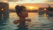   A woman floats in a tranquil swimming pool as the sun sets, her eyes closed, and her head gently raised above the water's surface