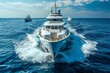 A stunning image of a fleet of luxury yachts sailing together on the vast, blue ocean, showcasing opulence and adventure