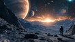 An lonely astronaut explore alien land landscape with giant planet and mountains. Fantasy wall paper.