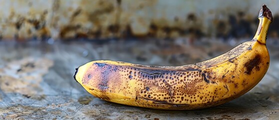 Sticker -   A tight shot of a ripe banana on a table against a backdrop of a rusted wall