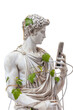 © Gasi - A Greco-Roman statue holding a smartphone, vines entwined with charging cables sprouting from the device. isolated on white background or transparent background, die-cut, png cutout