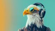 bald eagle wearing sunglasses and headphones on colored background