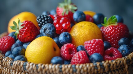 Wall Mural - Basket of mixed berries and fresh fruits, symbolizing natural sweetness and health, solid color background, 4k, ultra hd