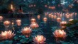 © Gefo - Calming waterside spa with floating lotus lanterns, soft acoustic melodies, and a moonlit deck, solid color background, 4k, ultra hd