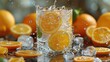 Dynamic splash of water in a glass, surrounded by fresh citrus fruits, symbolizing vitality and refreshment, solid color background, 4k, ultra hd