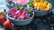 Freshly made fruit and vegetable detox smoothie bowls, symbolizing clean eating, solid color background, 4k, ultra hd