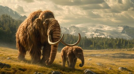 Wall Mural - mammoth with its cub in grassland in prehistoric times.
