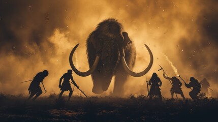 Wall Mural - Hunting scene of a team of primitive cavemen attacking a giant mammoth in wild field.