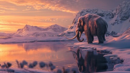 Wall Mural - mammoth walking by lake in snow field in freezing winter at sunrise.