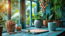 Well-lit Desk Area With A Bullet Journal, Motivational Prints, And A Selection Of Healthy Trail Mix, Solid Color Background, 4k, Ultra Hd