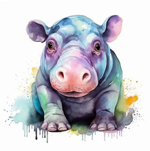 Watercolor Clipart Vector Of A Hippo, Isolated On A White Background, Hippo Vector, Illustration Painting, Graphic Logo, Drawing Design Art