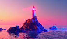Lighthouse On A Rock At Sunset. The Concept Of Tranquility And Maritime Navigation.