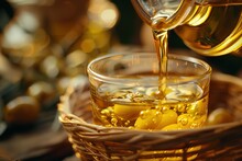Olive Oil Being Poured Into A Glass Containing A Basket