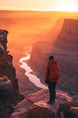 Wall Mural - A hiker hiking in rugged land with majestic view.