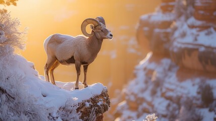 Wall Mural - Bighorn ram sheep goat on cliff in Grand Canyon in winter with snow