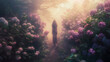 A woman stands facing away, lost in a sea of hydrangea flowers shrouded in the gentle mist of an early morning sunrise..