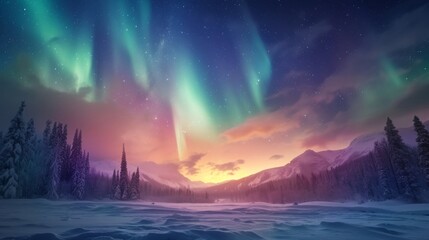 Beautiful aurora northern lights in night sky with snow mountain forest in winter.