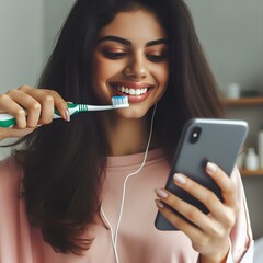 Wall Mural -  Pretty young indian woman checking phone while brushing teeth