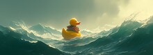 Rubber Duck In Life Jacket Floating On Stormy Sea 