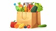 Vector illustration of a bag of fresh groceries produce on plain background.