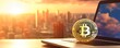 Bitcoin gold coin with laptop and blurry sunset background, banner. Generative AI:
