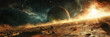 Panoramic Alien Landscape with Dramatic Cosmic Atmosphere and Rocky Terrain of Exoplanet or Extrasolar World