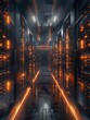 Detailed, hyper-realistic server racks with blinking lights in a data center, under dramatic, moody light, 3D illustration