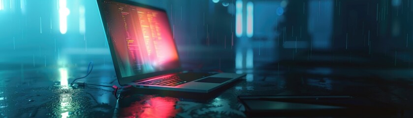 Detailed view of a laptop with glowing screen in a dimly lit room, emphasizing personal computing power, 3D illustration