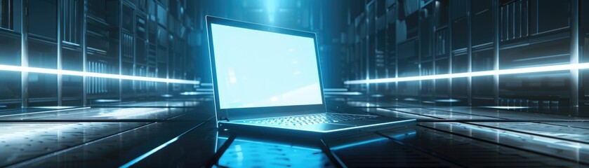 Detailed view of a laptop with glowing screen in a dimly lit room, emphasizing personal computing power, 3D illustration