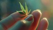 A small leaf of marijuana in a woman's fingers. A concept for medicine and recreation. Close-up.