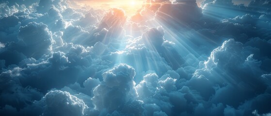 Wall Mural - The background is wide with the sun shining brightly with beams and the clouds dark in the distance