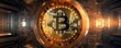 Bitcoin symbol safe lock in financial data processing, banner. Generative AI.