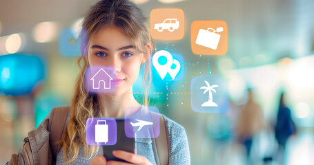 Young woman booking a trip with her smartphone, car rental, hotel reservation, flight deals, discounts, online sales. Travel and vacation technology and interface. Blurred background.