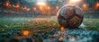 Stadion, soccer ball on green pitch, arena illuminated with bright spotlights, soccer goal at night
