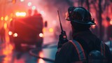 Fototapeta Miasto - Firefighter talk on radio phone at fire site