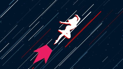 Poster - Ballerina symbol flies through the universe on a jet propulsion. The symbol in the center is shaking due to high speed. Seamless looped 4k animation on dark blue background with stars