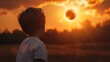 Child in sunglasses watching solar eclipse. Educational concept for astronomy studies poster.