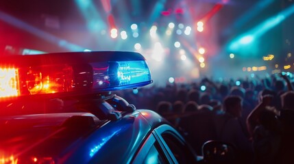 Wall Mural - Police car with flashing red blue light parked at a music event