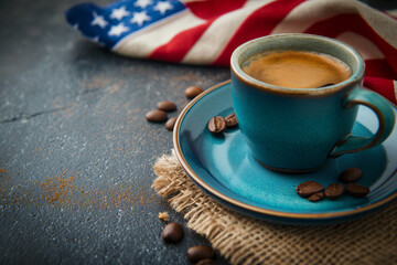 Wall Mural - Cup of coffee on background of American flag. Generative AI